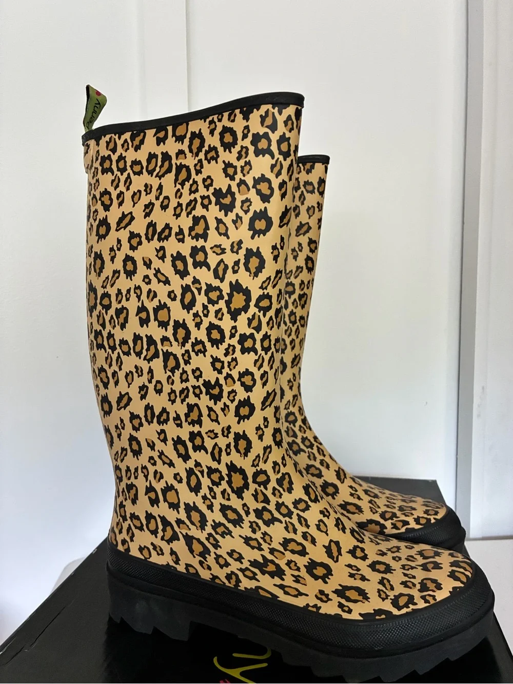 Penny Loves Kenny Leopard Print Tan and Black Rain Boots